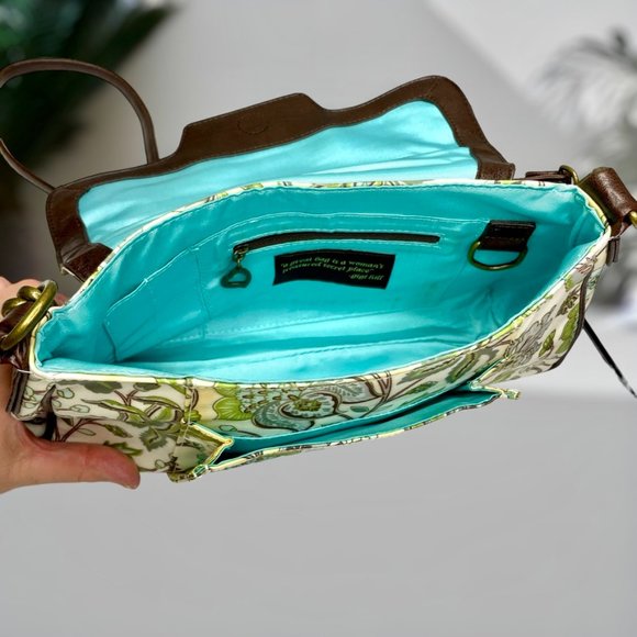 Gigi Hill Medium Green Brown White Floral 2 pocket Hand Shoulder Purse - Picture 7 of 12